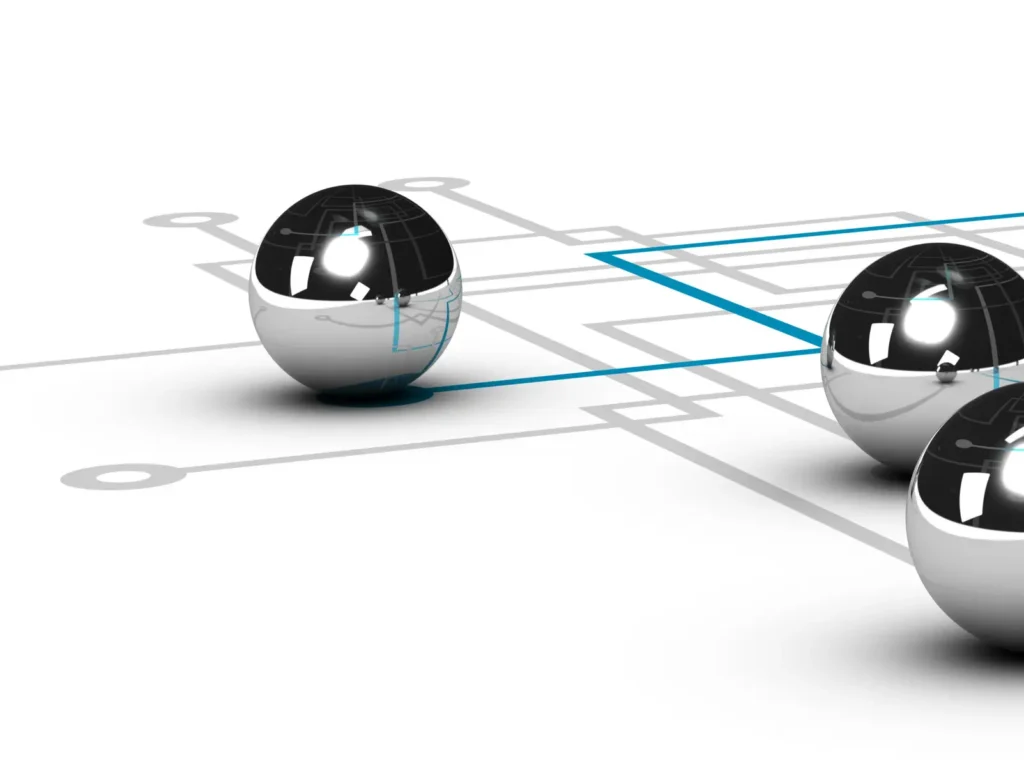 chrome ball linked by a blue line, grey network with other balls, illustration over white background, concept of networking